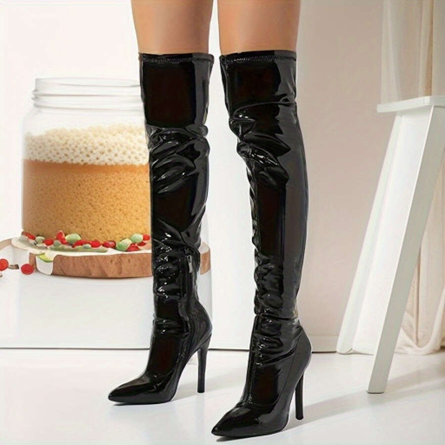 Fashionable Women's Knee High Slim High-Heeled Boots With Side Zipper Elastic Fit, Perfect For Casual And Wearing Ocns