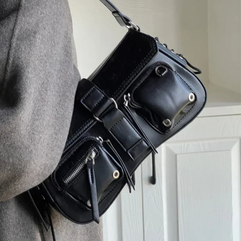 Women Black Grunge Shoulder Bag Korean Pu Leather Y2k Handbag Gothic Underarm Bags Aesthetic Punk Wallet Purse Motor Style 2024 251023