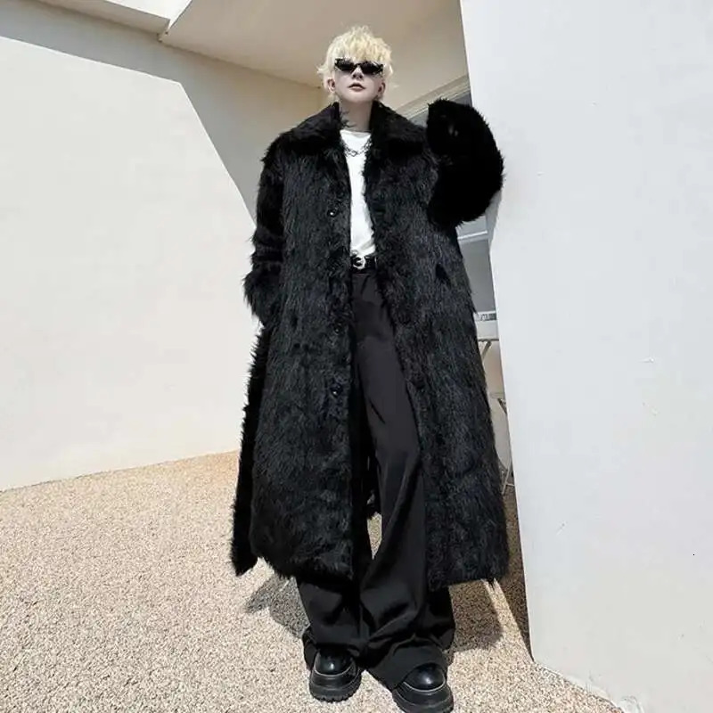 PNW Belt Single Breasted Thickened Winter Long Faux Fur Coat For Men Black White Fashion n Loose Cottonpadded 9C8121 251016