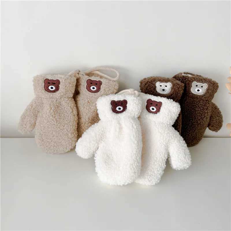 Cute Embroidered Bear Baby Gloves Lamb Wool Winter Boys Girls Full Finger Gloves Outdoor Windproof Warm Kids Mittens Y251024
