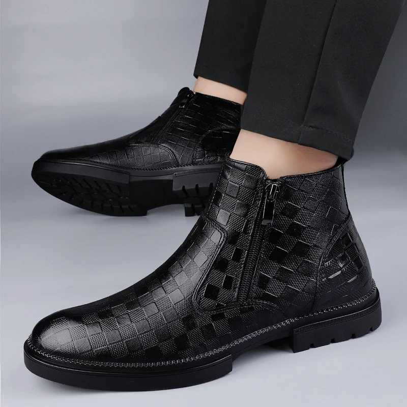 Side Zipper Man Winter Chelsea Boots Fur Warm Male Genuine Leather Shoes Luxury Brand Men Ankle Boots Handmade Business Footwear W251024