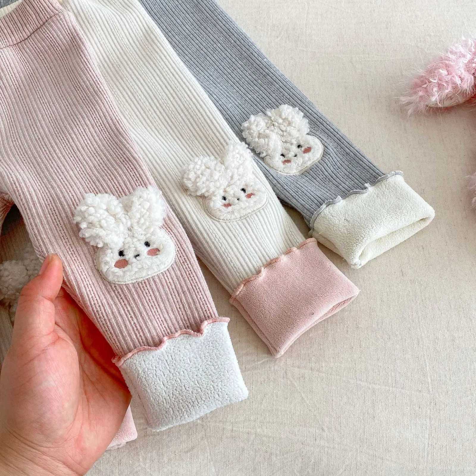 2025 Winter Kids Girl Clothes FleeceLined Leggings Cute Rabbit Embroidered Warm Long Pants Soft Stretchy Bottoms for 05Y KidsT251024