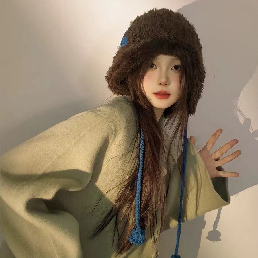 Handmade Crochet Bowknot Plush Hat for Women, Warm Ear Protection Thickened Knitted Lei Feng Hat, Autumn Winter Cold Trend