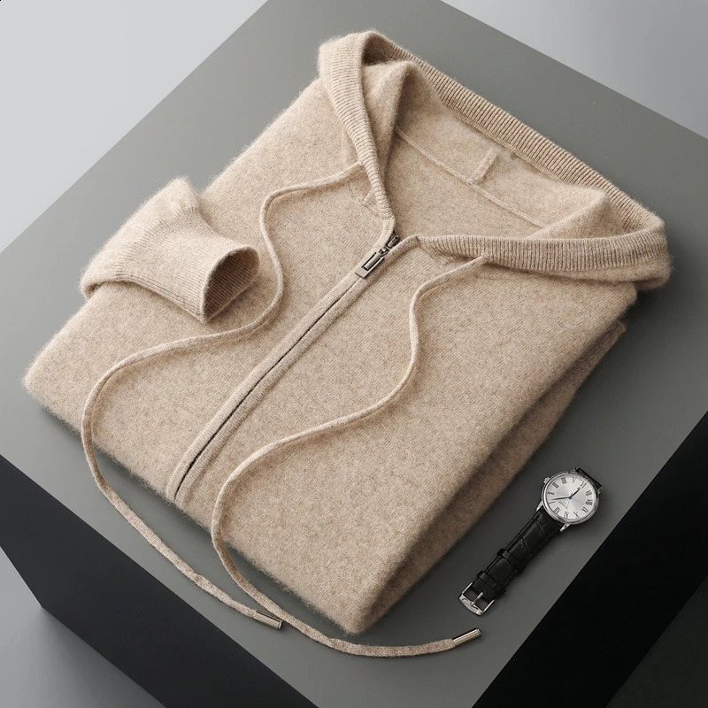 Men Knitted Plane Hooded Cardigan Cashmere Sweater Zipper Pocket Decoration High quality Thick Warmth Hoodie 251020