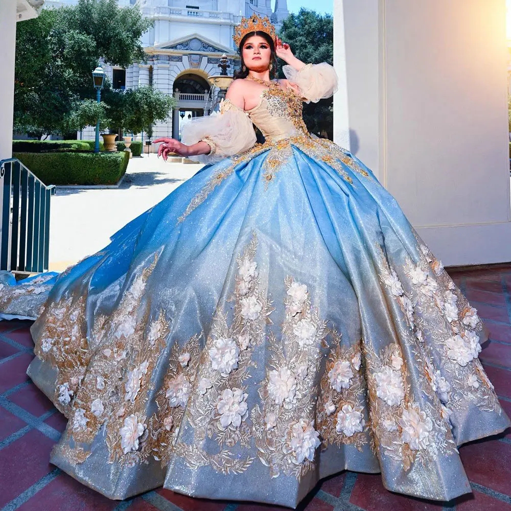 Light Blue Detachable Sleeve Quinceanera Dresses Ball Gown Gold 3D Flowers Appliques Lace Sweet 15 Anos Mexican