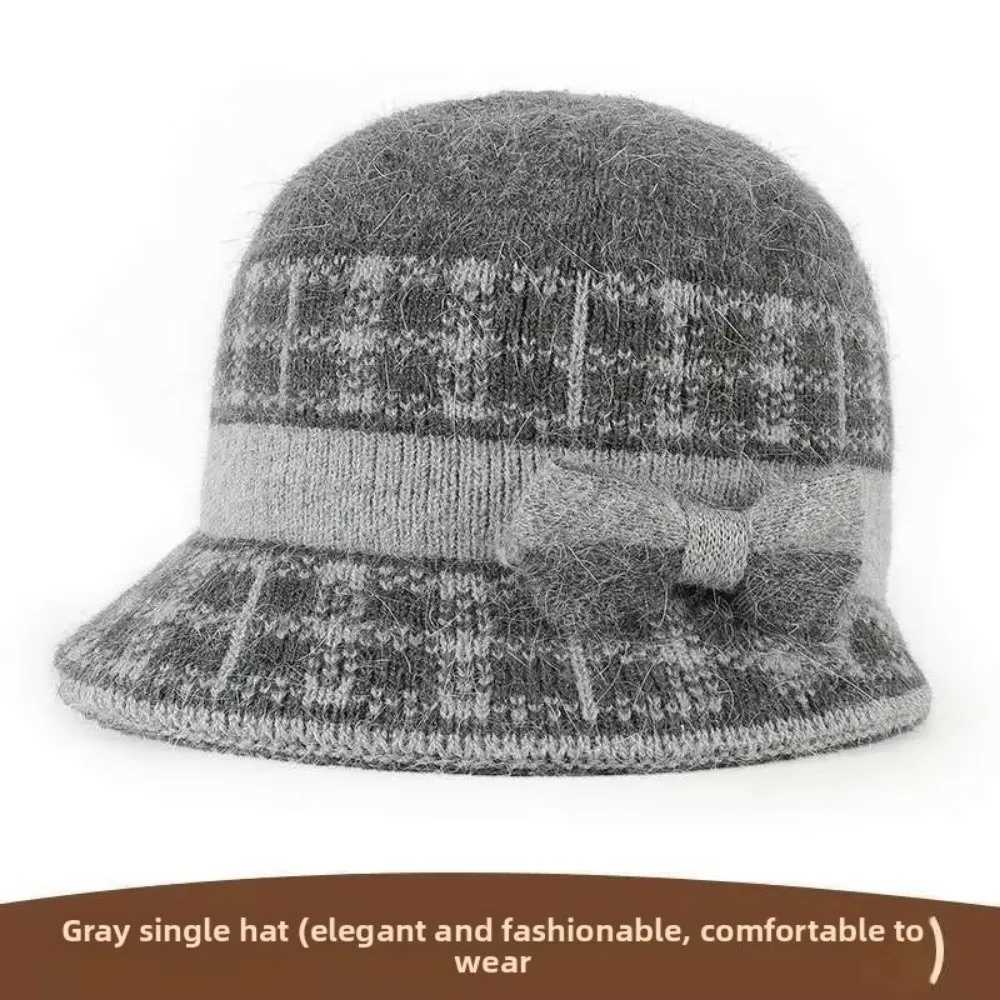 Fashion Thickened Fleece Knitted Hat Winter Rabbit Fur Baseball Cap Warm Bow Basin Cap For MiddleAged and ElderlyL251024