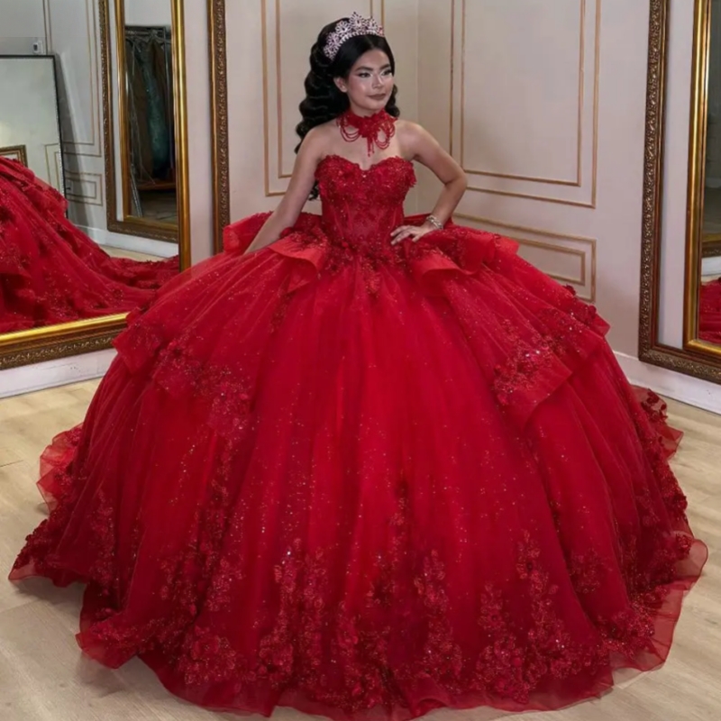 Red Appliques Lace Ruffles Quinceanera Dresses Ball Gown Sweetheart Sleeveless Bow Sweet 15 Anos Mexican
