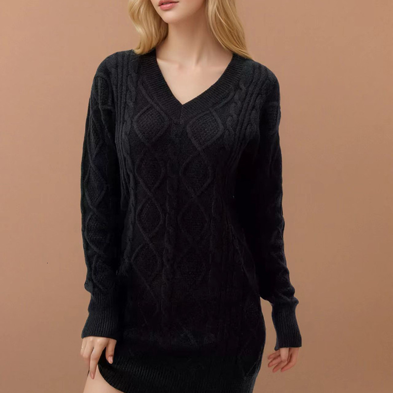 Autumn and winter new European and American designer style medium long sweater V-neck solid color knitted fashionable casual women's knitted dres