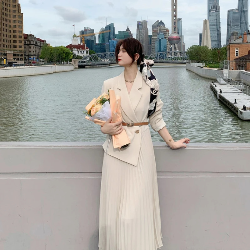 Women Blazer Dress Autumn Korean Fashion Suit Spliced Pleated Long Dress Elegant Women Stylish Outfit OL Vintage Dress 251020