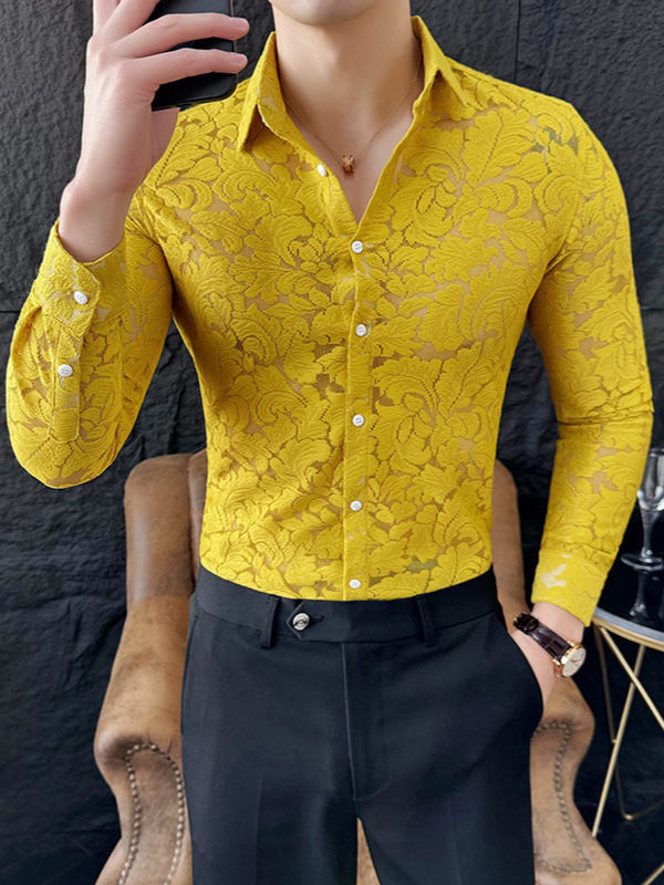 Quality Hollow Shirts For Men Korean Clothing Fashion Sexy Lace Mens Social Shirt Dress Slim Fit Long Sleeve Prom Tuxedo 250304