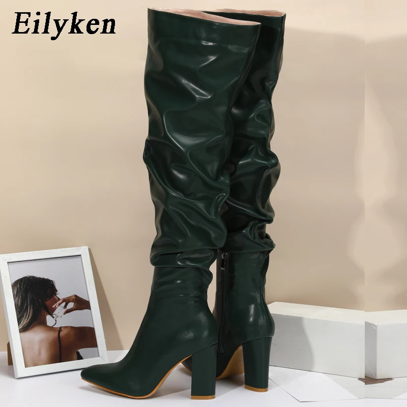 Eilyken Fashion White Pleated Women OvertheKnee Boots Sexy Pointed Toe Square Heels Ladies Long Zipper Female Shoes 251023