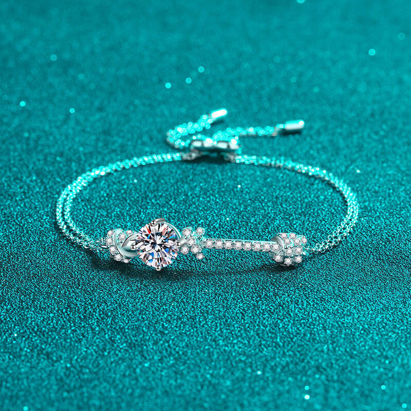 DHCollections-- Sterling Sier Women's Double Chain Push-Pull Design 2 Moissanite Bracelet