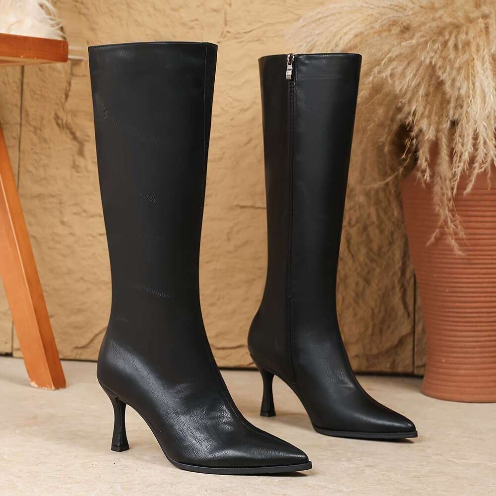 Women's Black Pointed-Toe Boots - Slimming British Style, Side Zipper, Stiletto Heels For Autumn & Winter, Versatile Fashion Performance Footwear