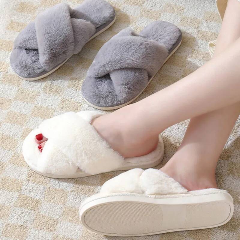 Winter Home for Women Fashion Cross Strap Thicked Plush Slides Woman Light Soft Sole Faux Fur Warm House Slippers ddmythur