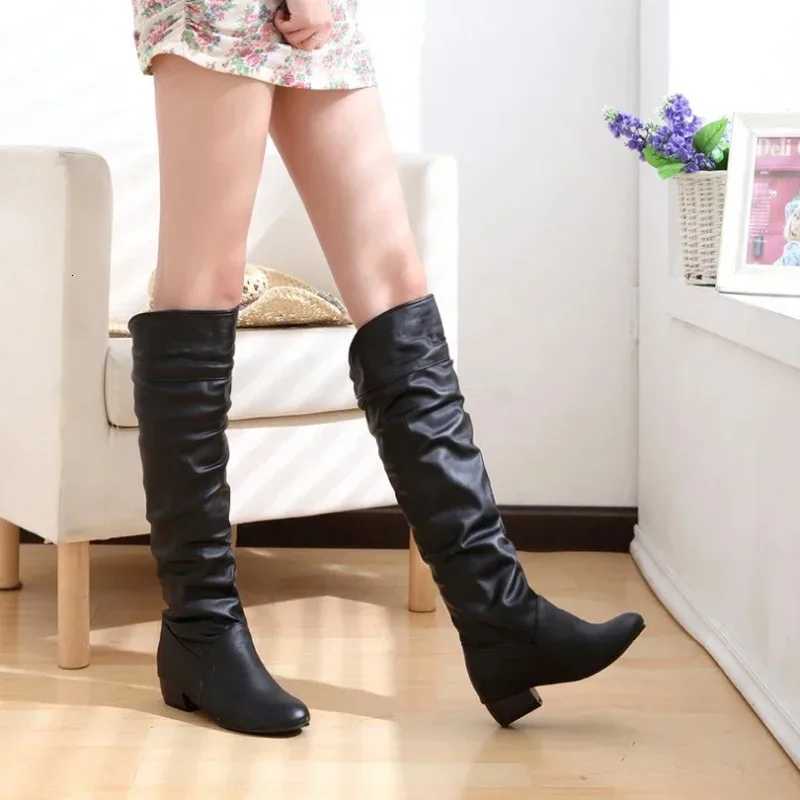 Womens leather PU Knee High Boots Fashion Folding Slip on Winter High Boots Casual Low Heels White Black Long Slim Boots Ladies W251024