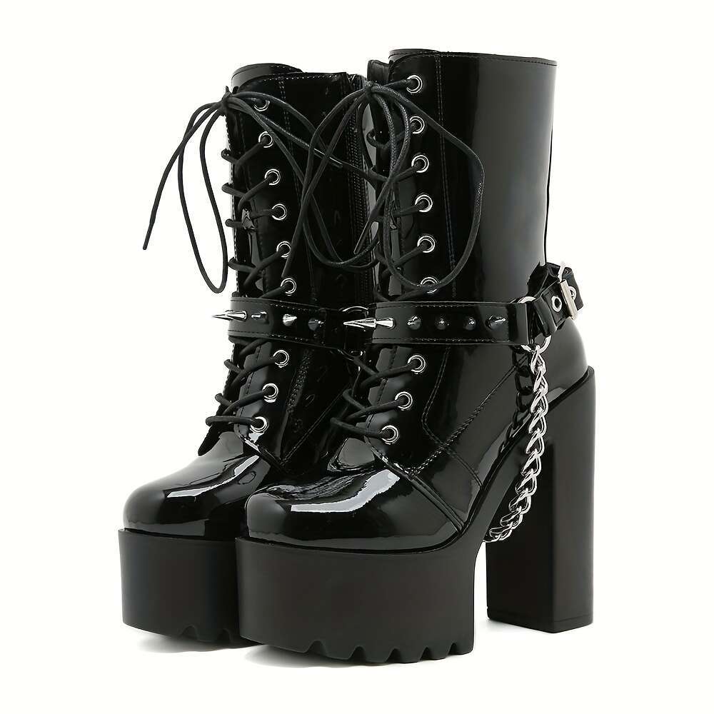 1Pair Halloween Punk Women's With Crisscross Straps, Chains, Rivets, Belt Buckles, Fashionable High-Heeled Boots For Nightclubs And Stages