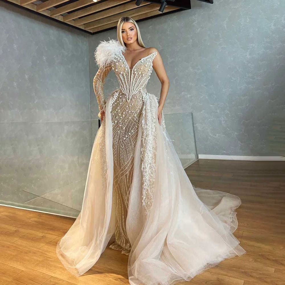 Elegant Prom Gown V-Neck Evening Dress Crystal Beads Party Prom Dresses Flowers Sleeve Bridal Gowns Customized Robes De Mariee L252776