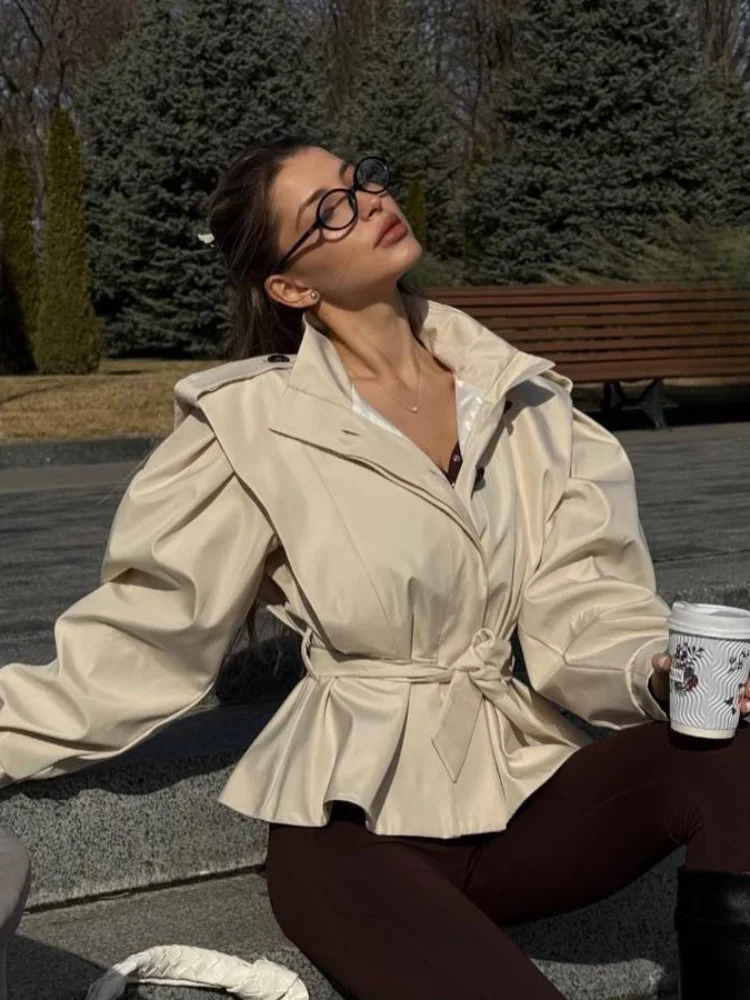 Women Broad Shoulder Belt Cropped Trench Fashion Lapel Long Sleeve Zipper Button Jacket Autumn Lady Street Windbreaker 251021