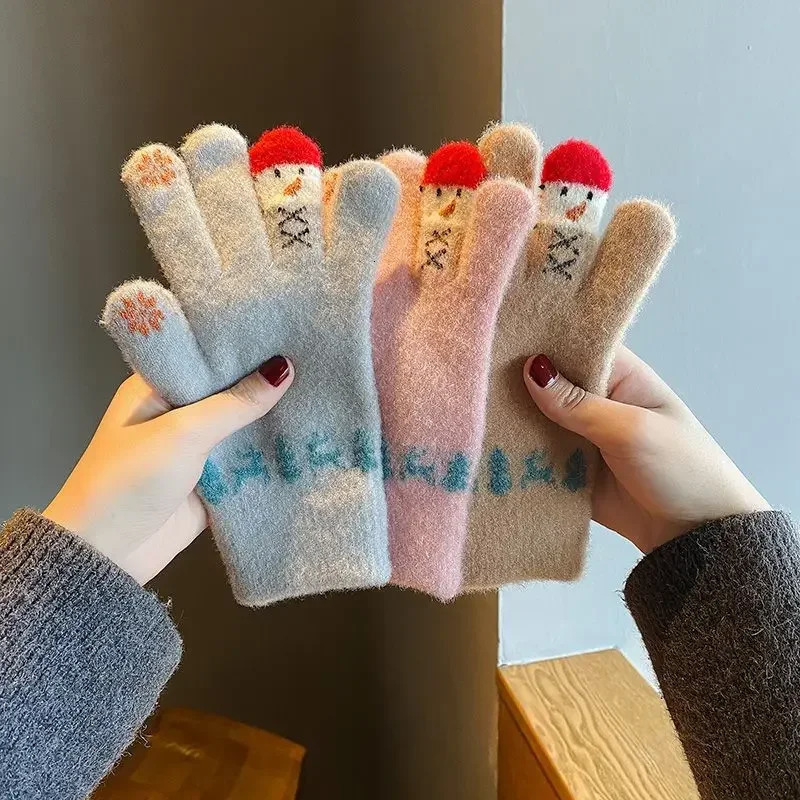 Christmas Snowman Touchscreen Gloves Cute Korean Version Student Crystal Yarn with Velvet Full Finger Warmth Ins Girls Heart 251021