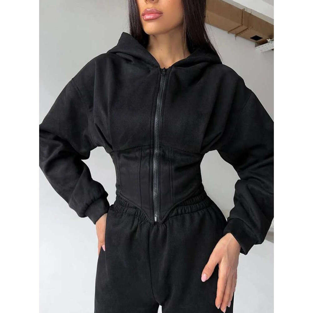 Wind Autumn Winter Women's Solid Color Waist Hoodie Sweatshirt Sports Casual Pants Two-Piece Set for Women