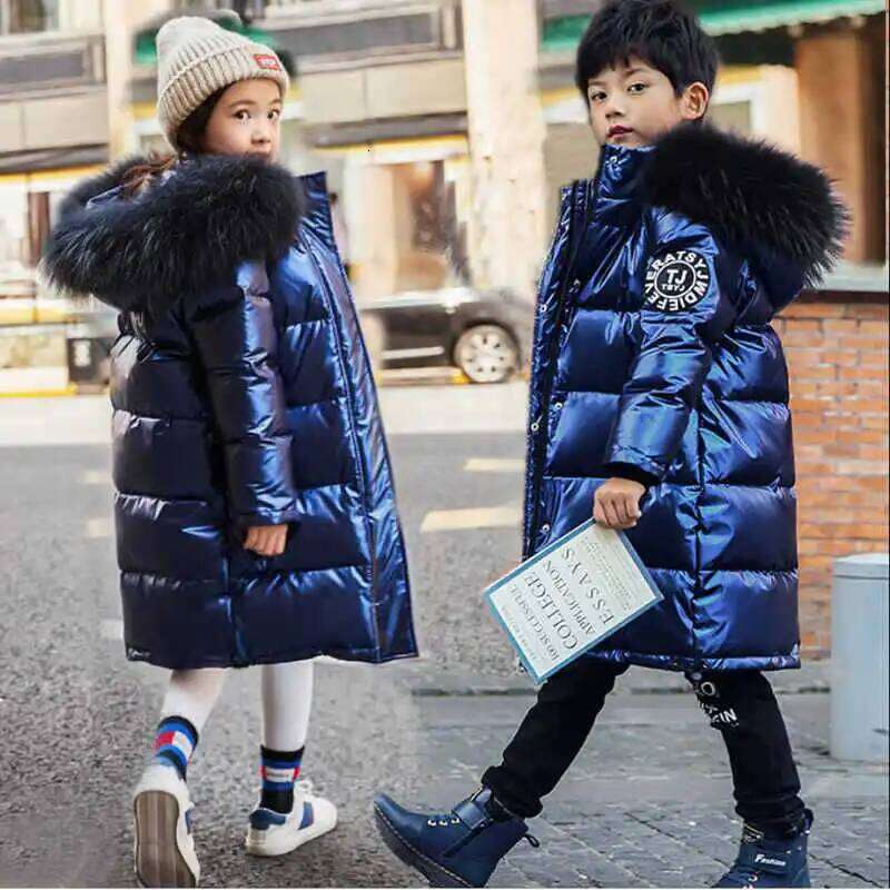 Winter Kids Down Jacket Teen Boy Girls Glossy Fabric Fur Collar Hooded Warm Parka Snowsuit Children Cotton Padded Clothing