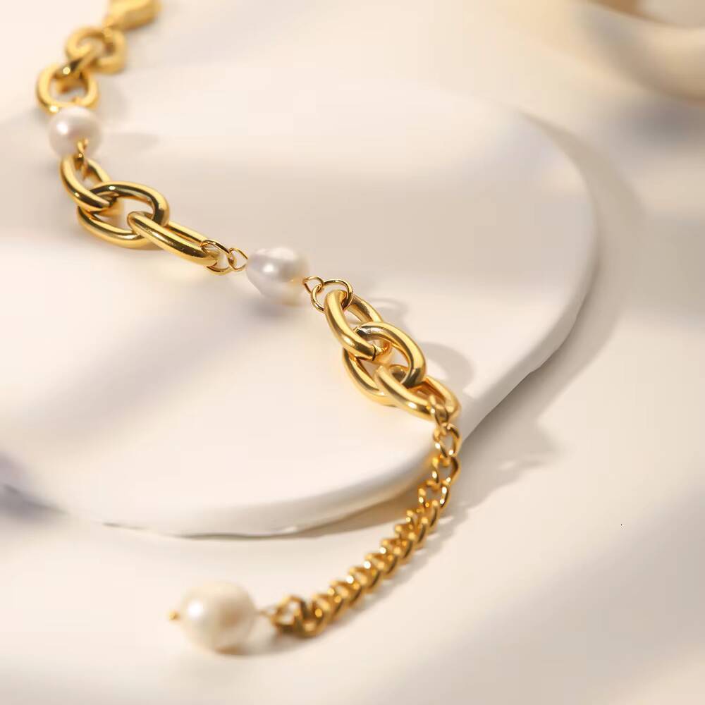 French Vintage Freshwater Pearl Oval Niche Cuban Bracelet Chain