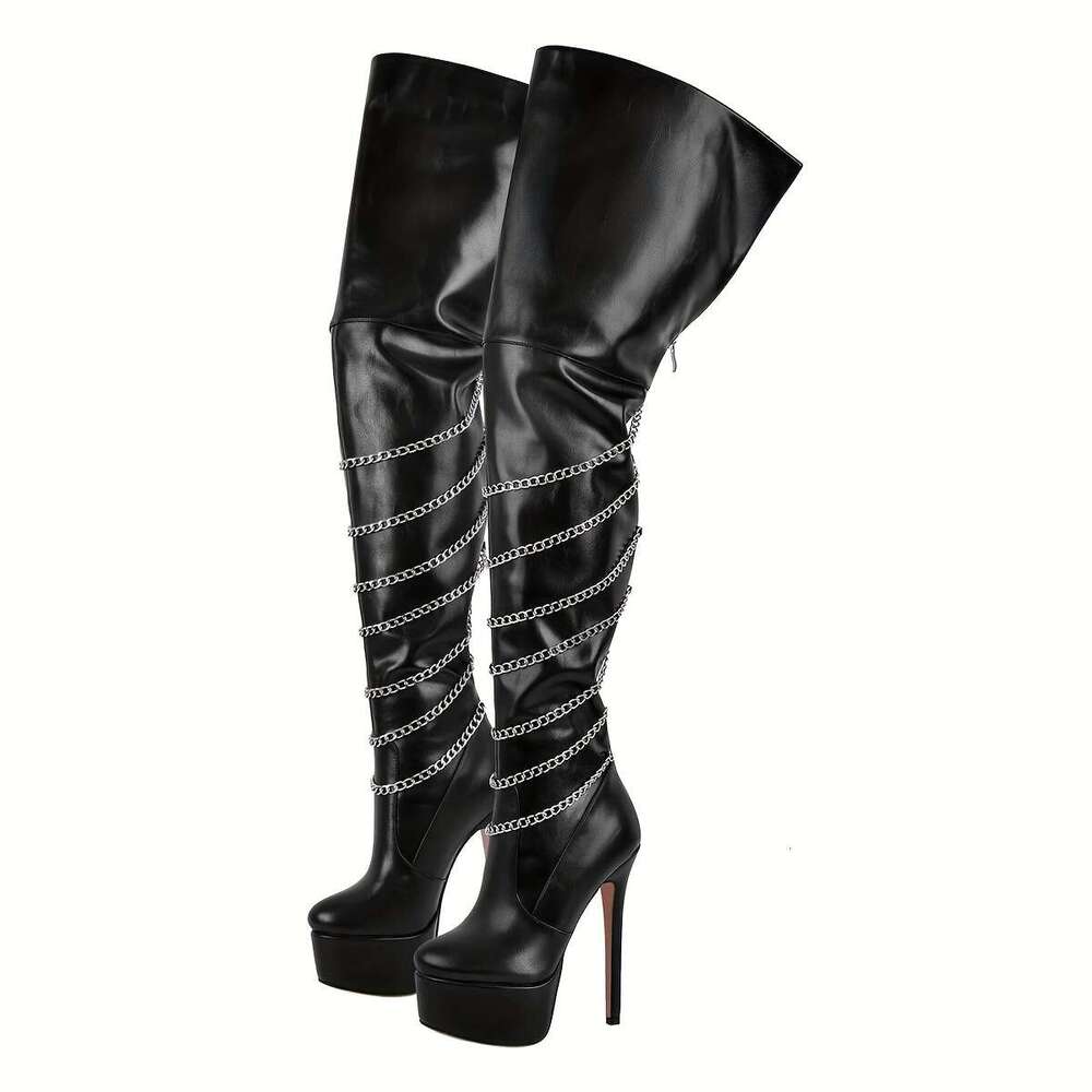 Women's Black Faux Cover Over-The-Knee With Metallic Chain Straps, Stiletto Side Zipper Closure - Stylish Thigh-High Platform For Fashion & Parti