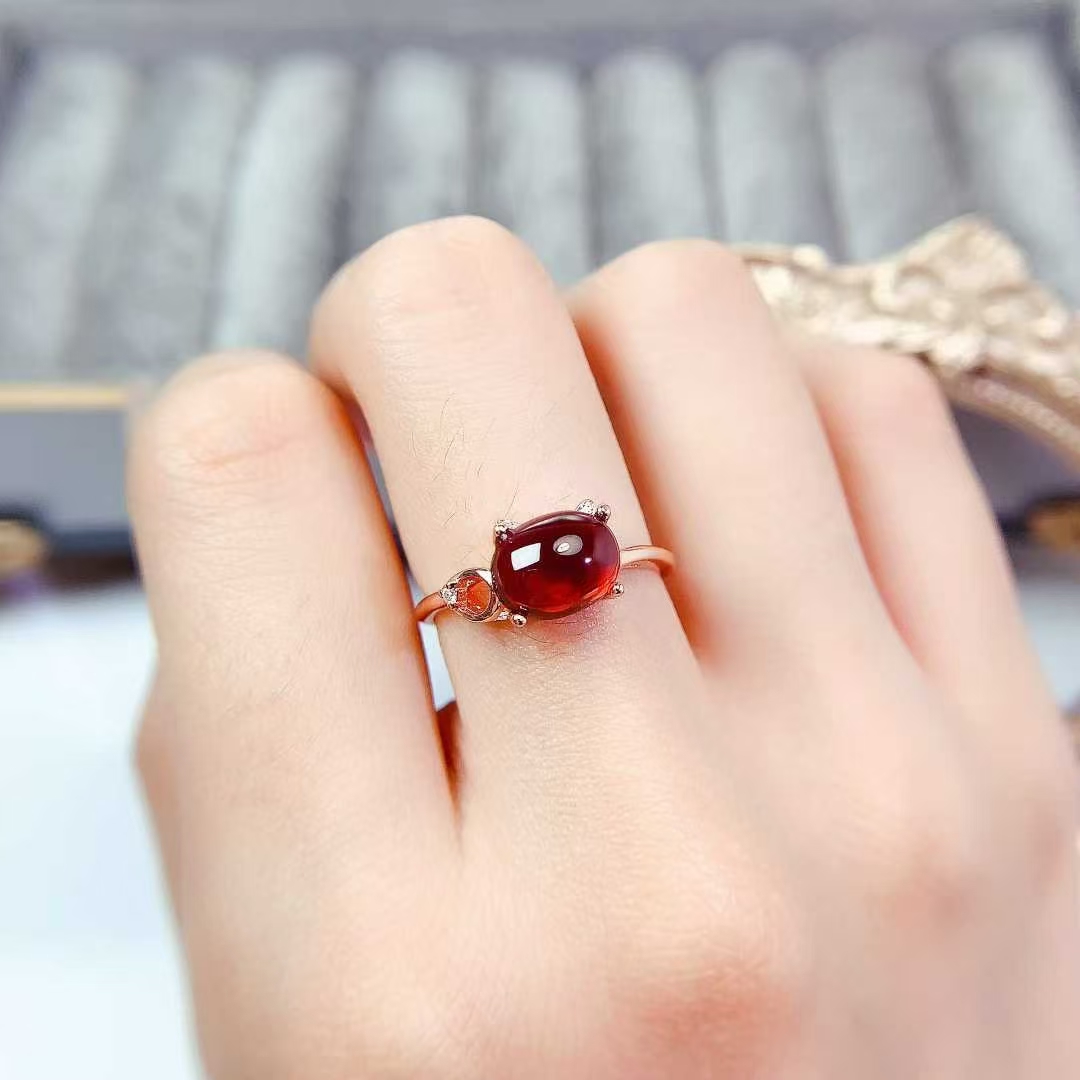 925 silver Cabochon gemstone ring natural garnet ring with certificate 7mm*9mm 2ct real garnet jewelry with thick 18K gold plating