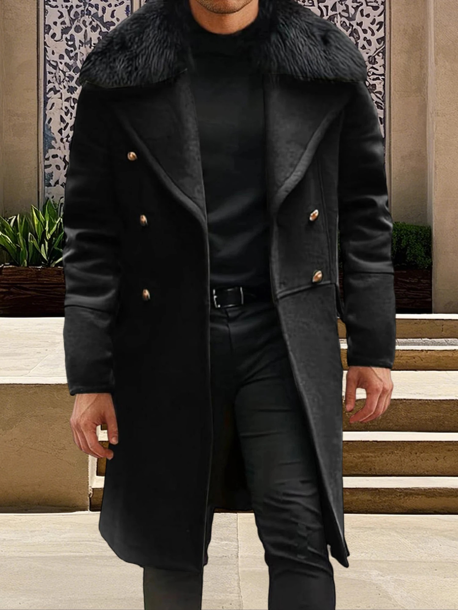 Men s Classic Double Breasted Trench Coat with Removable Fur Collar MidLength Wool Blend Overcoat for Winter Warmth 251015