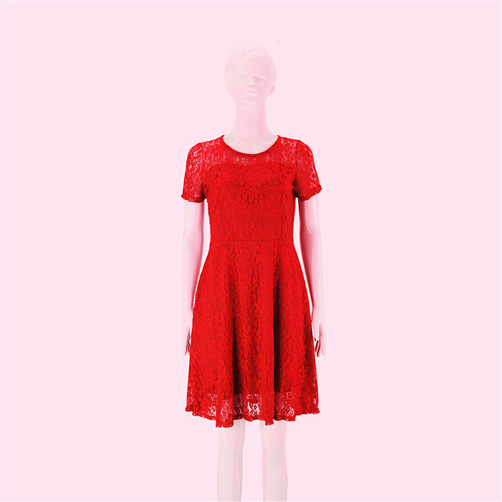 Summer Elegant Fashion Round Neck Short Sleeve Lace Trim Dress
