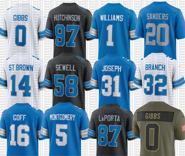 Barry Sanders Calvin Johnson Jared Goff Jahmyr Gibbs Amon-Ra St. Brown Aidan Hutchinson David Montgomery Sam LaPorta Jameson Williams Brian Branch Football Jersey