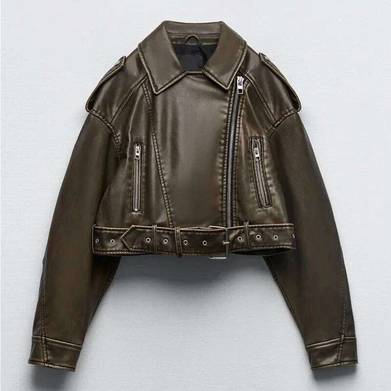 Vintage Loose Pu Faux Leather Short Jacket With Belt Streetwear Female Zipper Retro Moto Biker Coat Outwear Tops