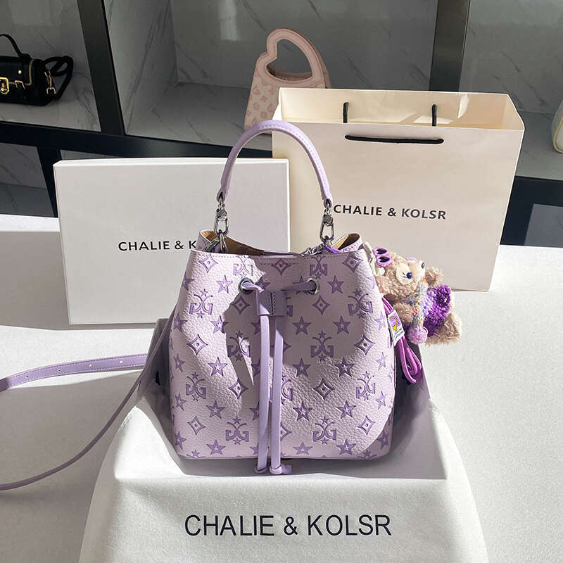 2025 New Large Capacity Purple Bucket Bag For Women - Elegant Geometric Pattern, With Emed Detailing, Adjustable Shoulder Strap & Golden-Tone Hardware