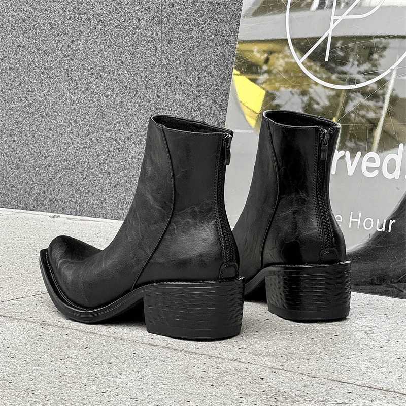 New Mens Retro SolidColor Leather Ankle Boot ThickHeeled WesternStyle Zipper Casual Boot Elegant And Comfortable Party Boots W251024