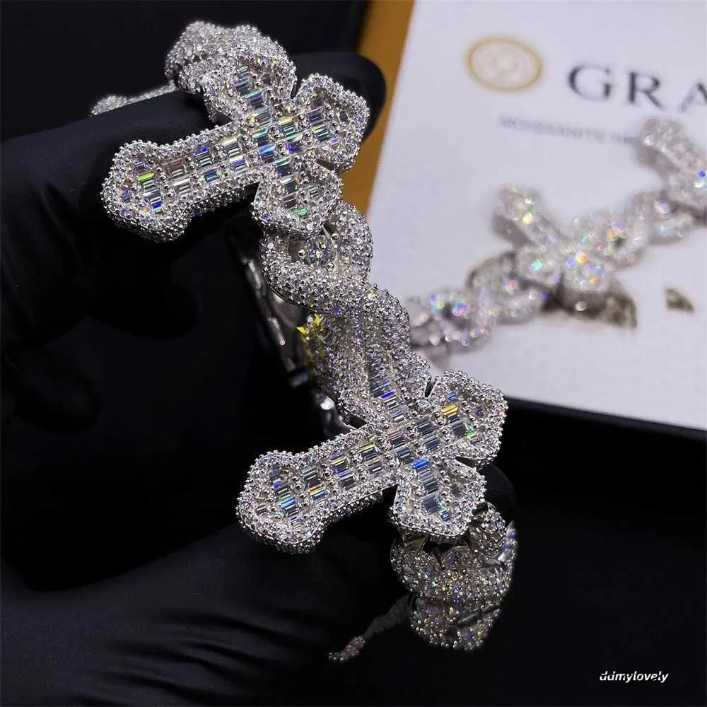 Cross Design Hip Hop Jewelry Sier Charm Iced Out VVS Baguette Moissanite Cuban Bracelet Ddmylovely
