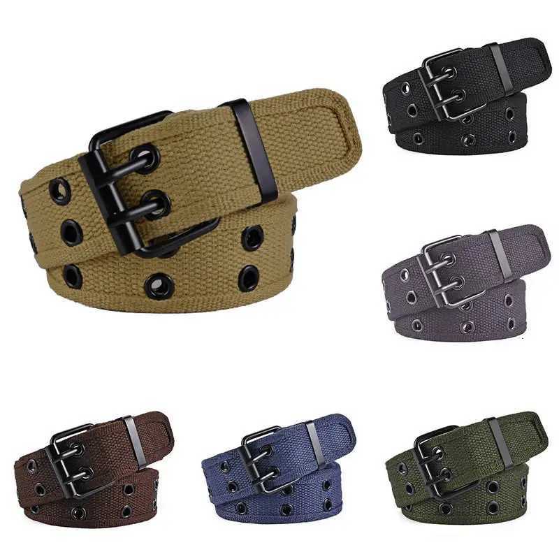 Solid Color Casual Canvas Woven Belt Fashionable Double Round Buckle Hole Belt Versatile Mens Double Needle Buckle Belt W251024