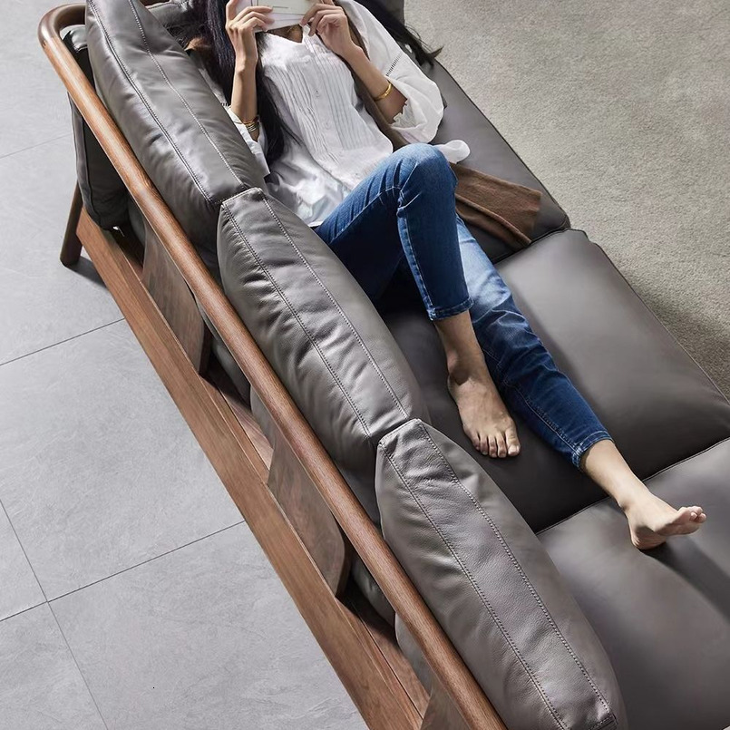 Nordic Solid Black Walnut Combination Sofa Minimalist Home Living Room Natural Wood Furniture Three-Seater