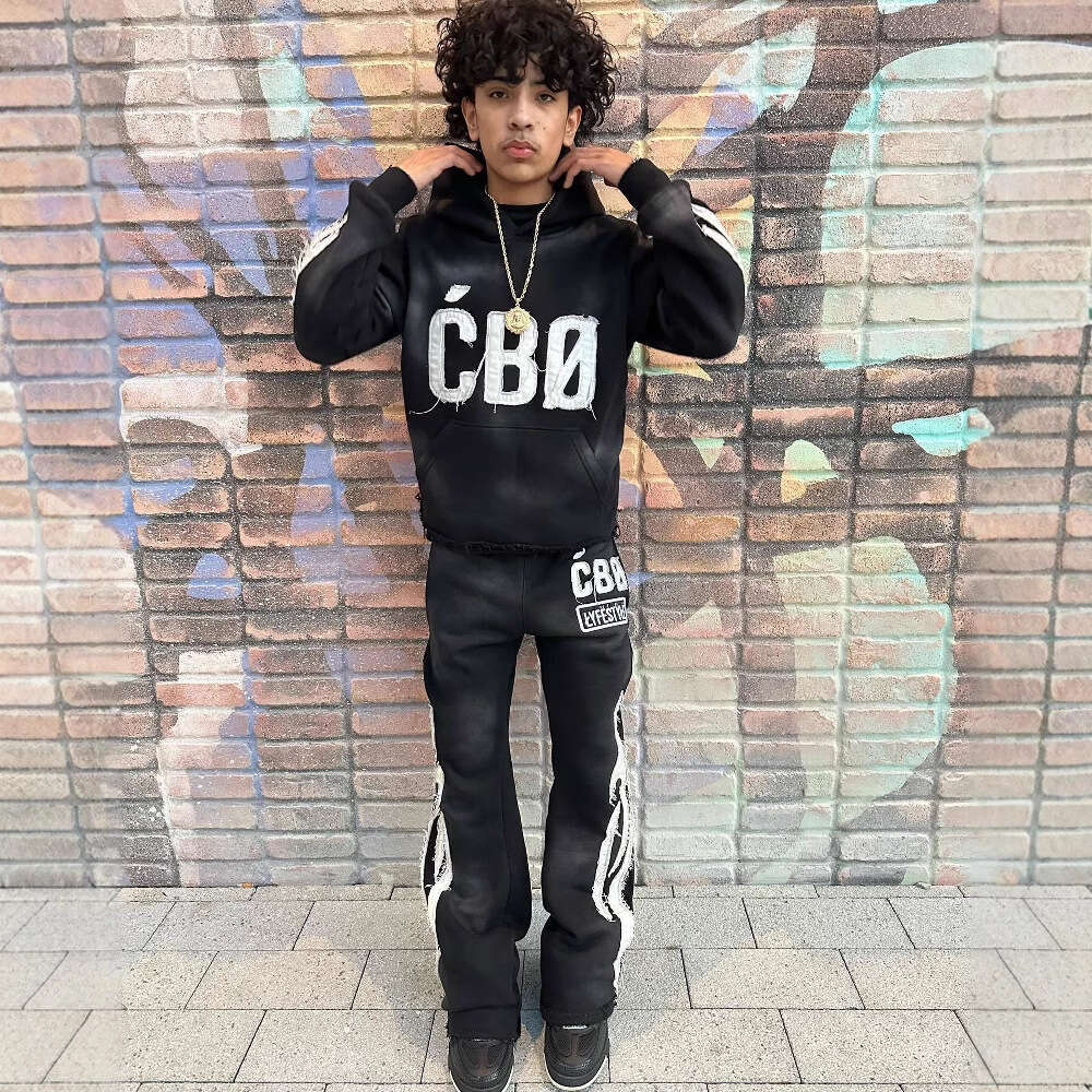 American Style Autumn Winter Trendy Brand Hooded Letter Patch Sweatshirt Unisex Pocket Wide Leg Pants Set