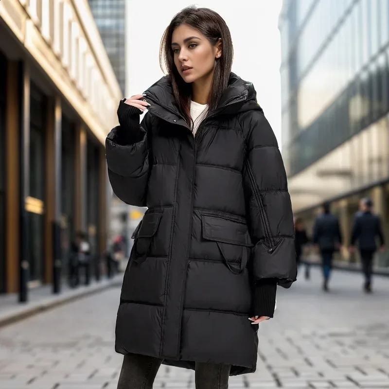 2024 Winter Long Womens Down Cotton Jacket Female Stand Collar Hooded Parkas Pockets Coat Knee Length Thick Warm 251018