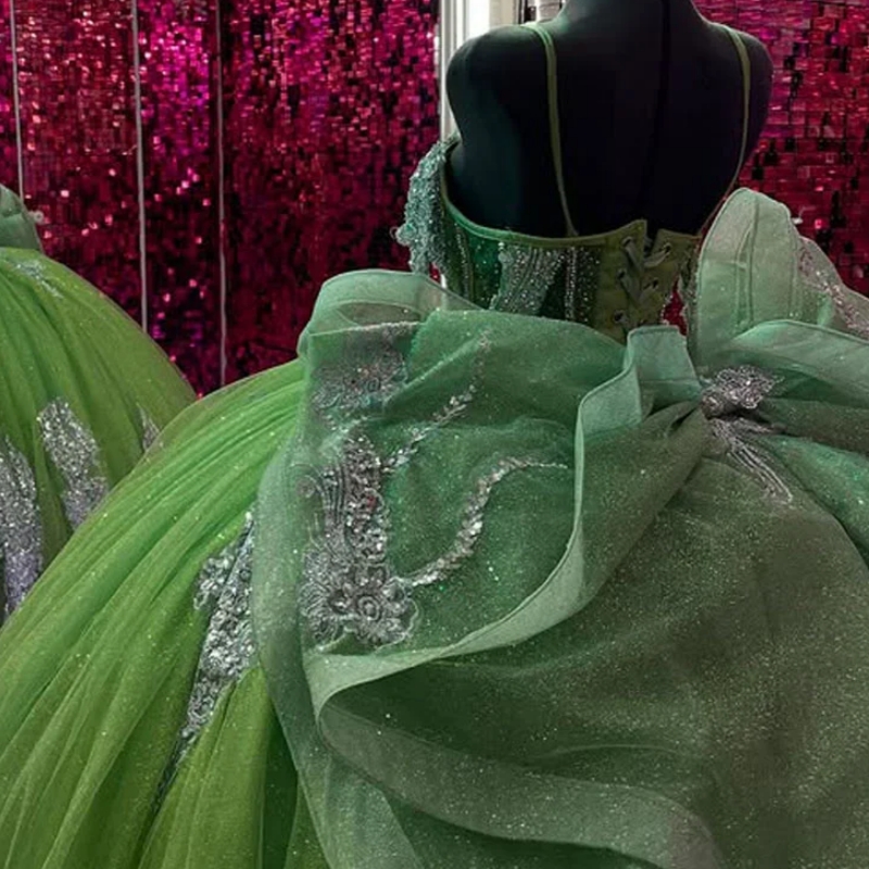 Green Shiny Off Shoulder Quinceanera Dresses Appliques Lace Beading Crystal Robe Quinceanera Rouge Sweet 16 Dress Vestidos 15 de anos