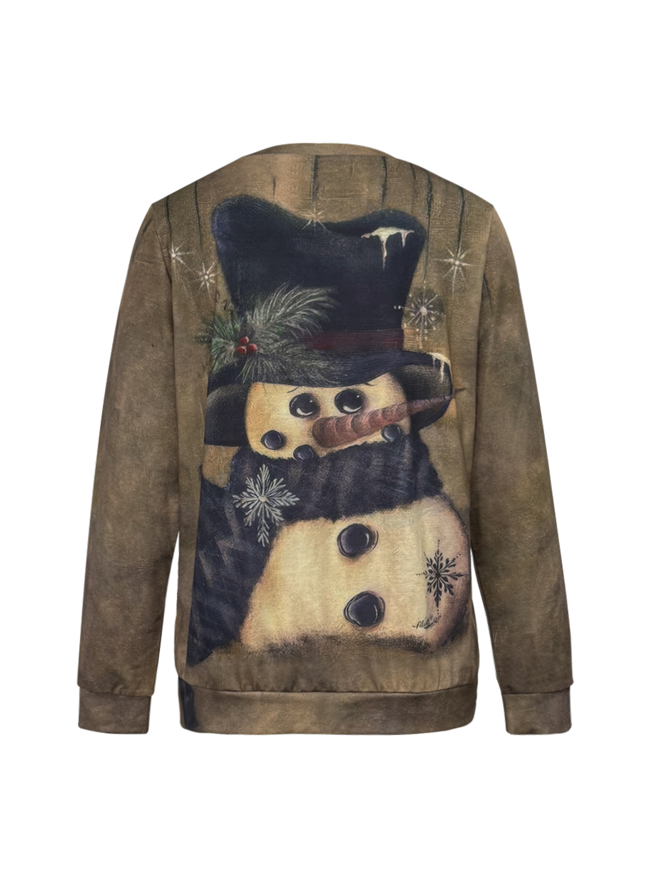 Vintage Brown Christmas Snowman Printed Women's Long Sleeve Sweatshirt, Milk Silk Casual Office Top, S-XXL Deep Brown--CF42041