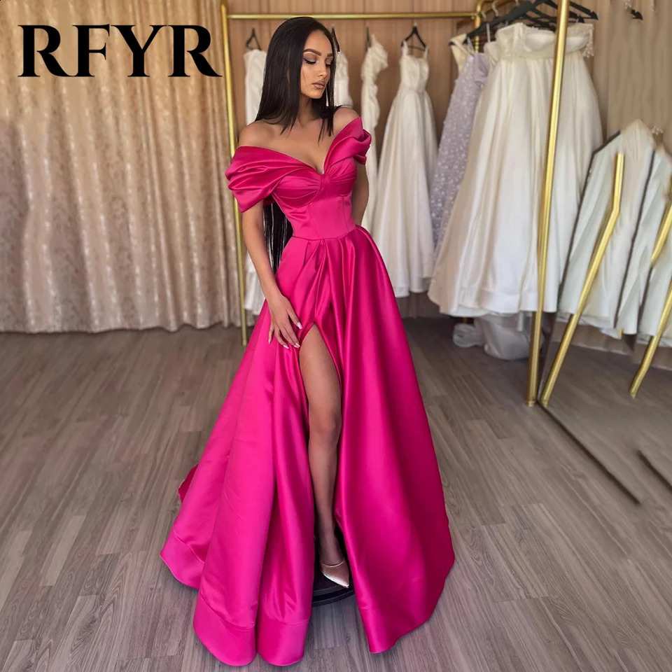 RFYR Elegant Pleats Prom Gown Satin Side Slit Evening Dress Off Shoulder Party Prom Dress For Women robes de soire Customized 251023