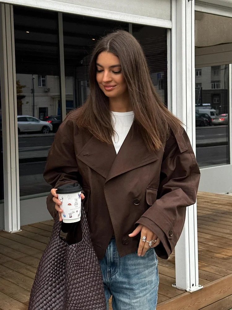 Stand Neck Crooped Brown Trench Coat Women Single Breasted Pocket Full Sleeve Windbreaker Jacket Autumn Lady Streetwer 251021