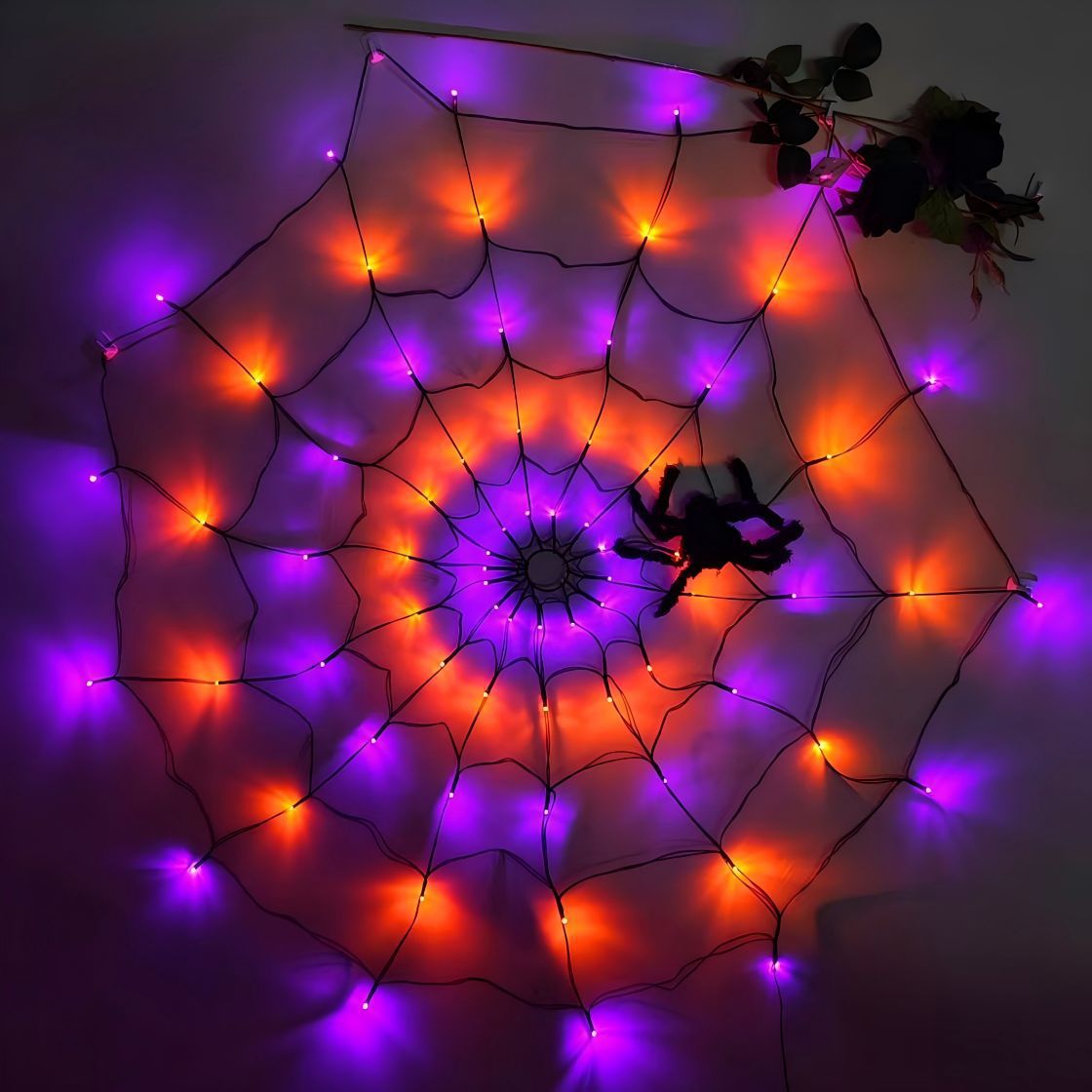 Halloween Spider Web LED String Lights, 5V Battery/USB Powered with Remote Control, PVC Purple/Orange Dual Color Decorative Lights for Halloween Decor