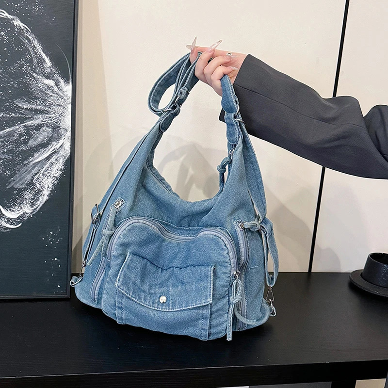 Solid Color Denim Trendy Shoulder Bag for 2025 High Quality Fashion Zipper Large Capacity Versatile Womens Crossbody Bag 251023