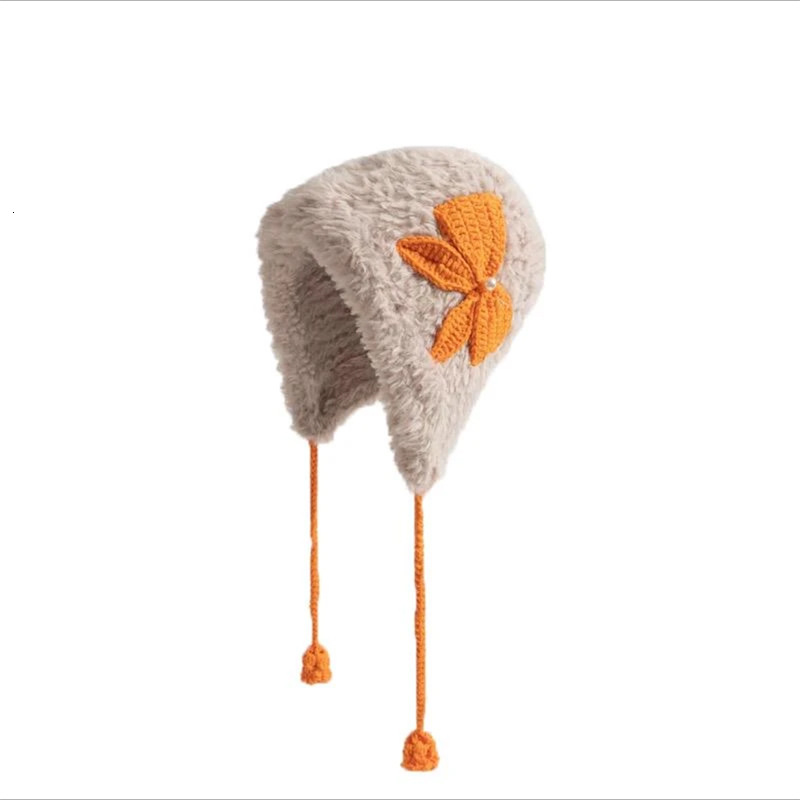 Handmade Crochet Bowknot Plush Hat for Women, Warm Ear Protection Thickened Knitted Lei Feng Hat, Autumn Winter Cold Trend