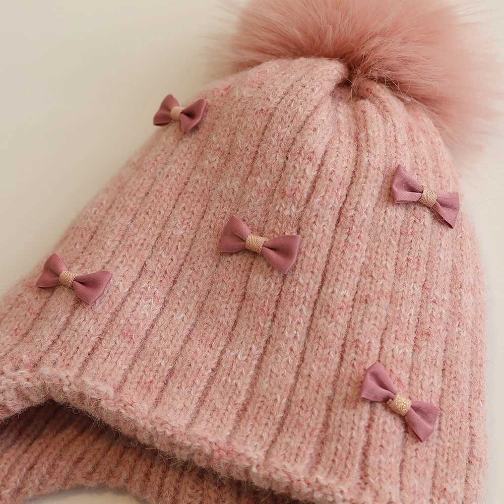 Princess Children Winter Hat for Girls Pompom Bows Kids Bonnet Hat Warm Ears Thicken Children Girl Cap Faux Fur Ball 26YL251024