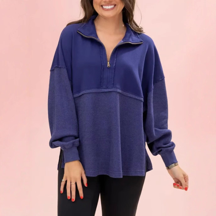 2025 Autumn Winter New Solid Color Turn-Down Collar Sweatshirt Loose Simple Style with Zipper Long Sleeve Top for Women