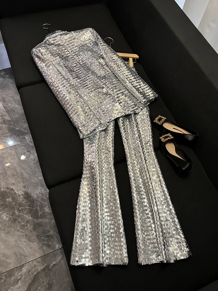 High Quality Silver Shiny Sequin Pantsuits Blazer Flared Pants Set Eye Catching Party Evening Wear Mesh Sequin Pants Set Outfits 251023