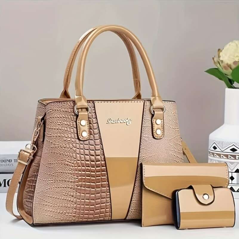 Genuine Handbag Parent Bag Genuine Leather Crocodile Pattern New Fashion Large Capacity Women's Handbag, Stylish Three-Piece Set, Mother-Daughter